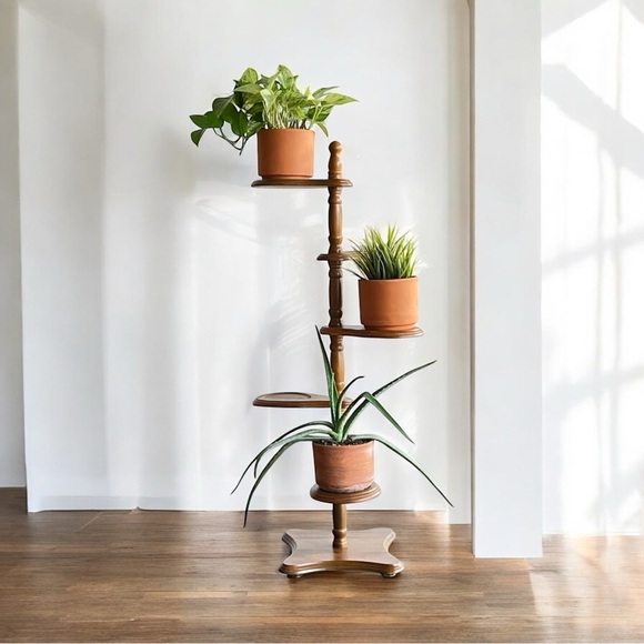 Vintage Other - VTG Plant Stand 4 Tier Wood Spindle Display Pedestal Rotating Shelves Midcentury